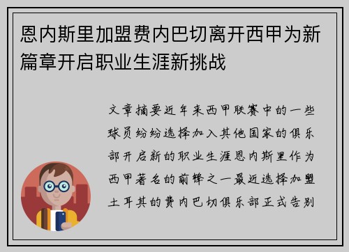 恩内斯里加盟费内巴切离开西甲为新篇章开启职业生涯新挑战