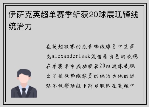 伊萨克英超单赛季斩获20球展现锋线统治力